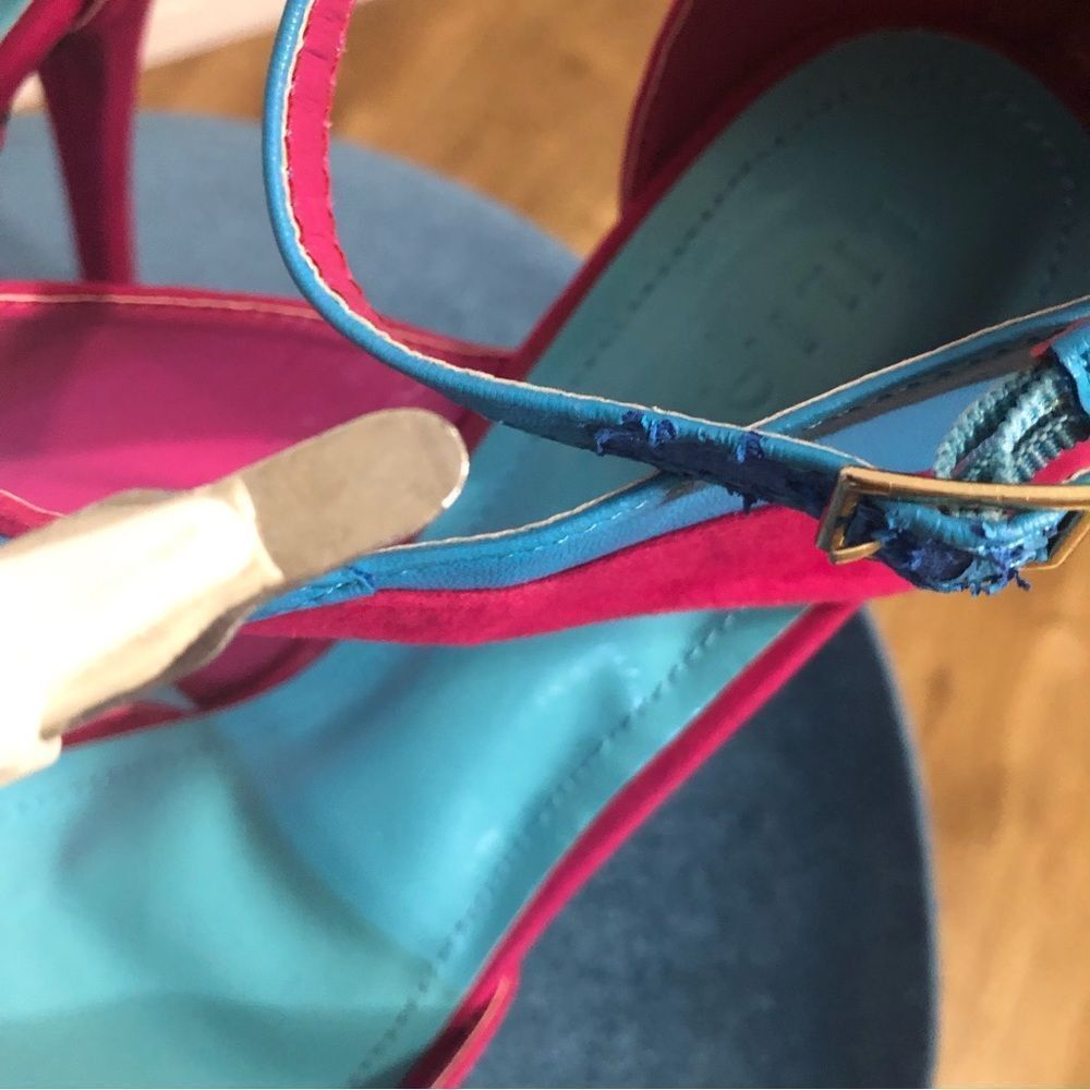 NWOT Liliana vegan leather teal blue and hot pink 6” heel platform sandals sz 9 - Picture 8 of 10